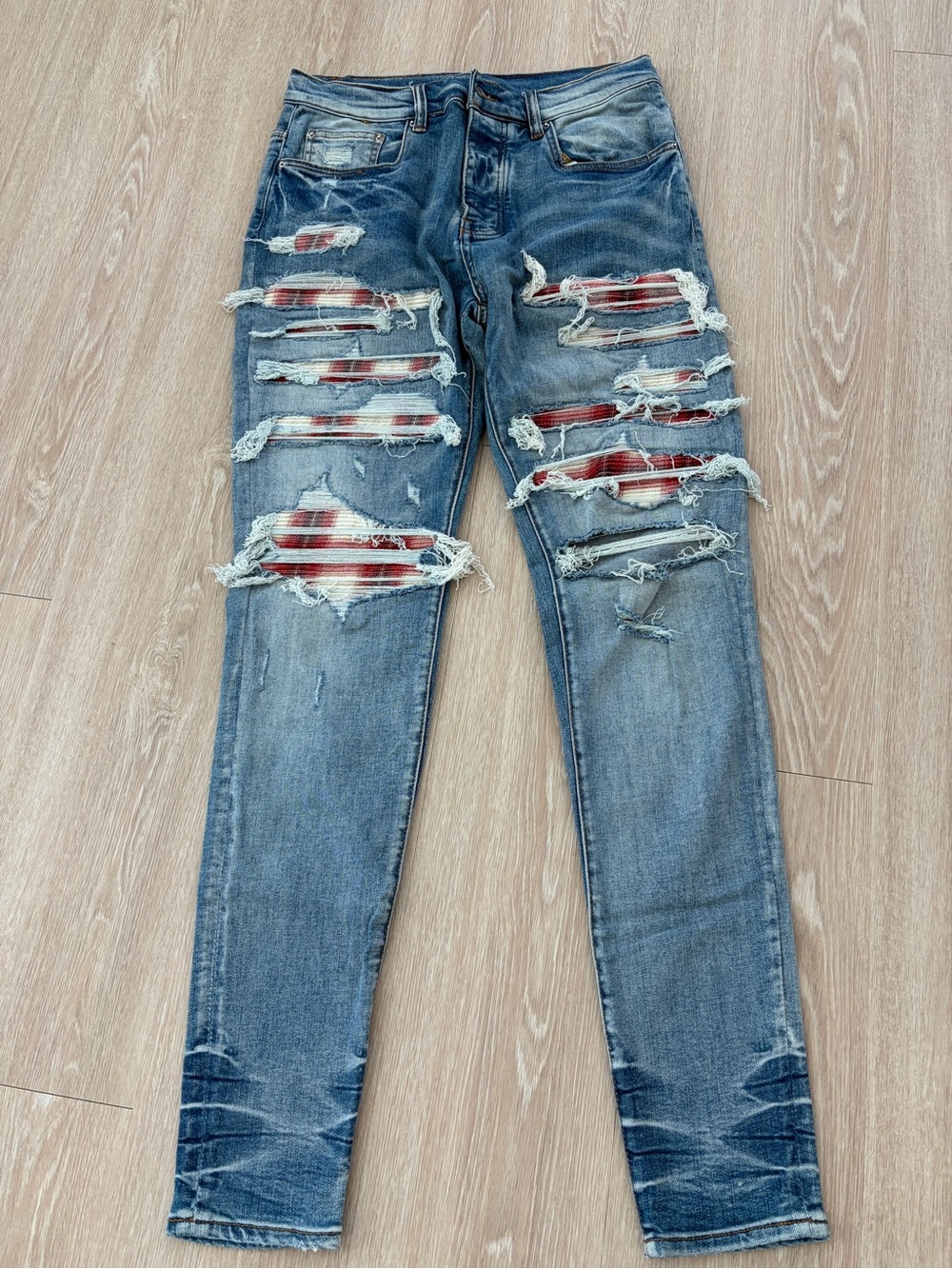AMIRI Blue Skinny Jeans with Red Plaid Patchwork